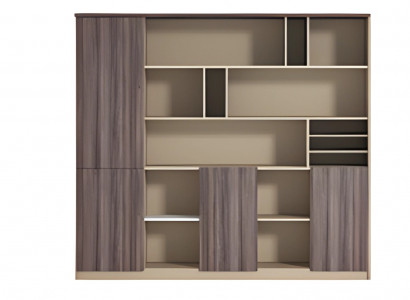 Moderní béžovo-hnědá kancelářská skříň s dřevěným efektem, otevřená, do pracovního prostoru