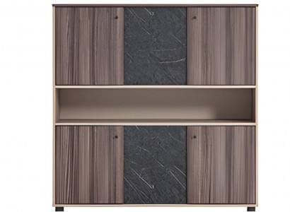 Bežovo-hnědá kancelářská skříň s dřevěným efektem v moderním designu se skládacími dveřmi