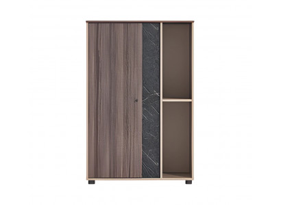 Moderní béžovo-hnědá kancelářská skříň s efektem dřeva a kamene, otevřená, s přihrádkami