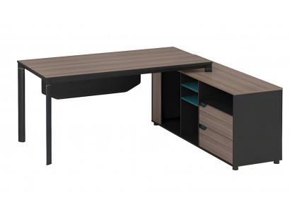 Moderní rohový stůl v efektu černohnědého dřeva s policemi a zásuvkami