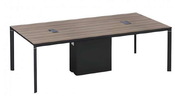 Konferenční stůl z hnědého a černého dřeva s kabelovými průchody a moderním designem