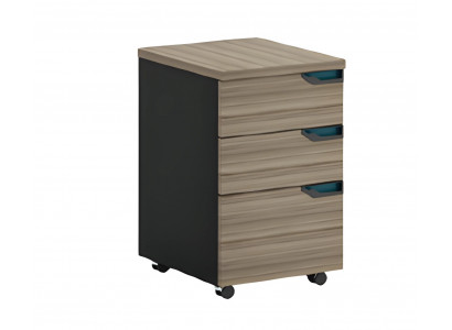 Mobilní komoda v hnědém a černém dřevě s 3 zásuvkami a kolečky do kanceláře