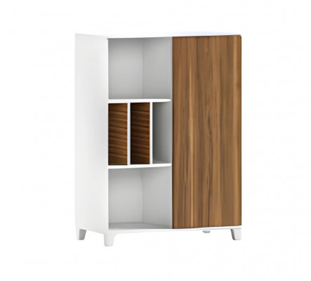 Moderní skříň z dřeva a bílé barvy s otevřenými policemi a elegantními dveřmi