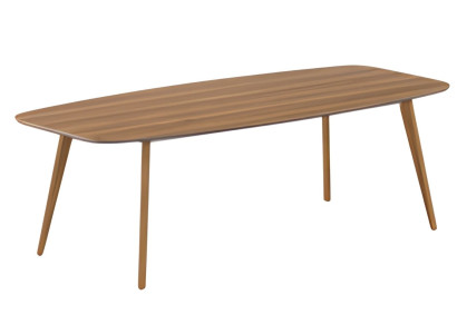 Moderner Esstisch aus Holz mit eleganter Tischplatte und schlichten Holzbeinen