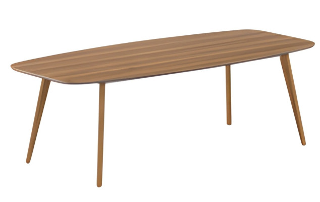 Moderner Couchtisch aus Holz und Weiß mit Stauraum und eleganten Holzbeinen