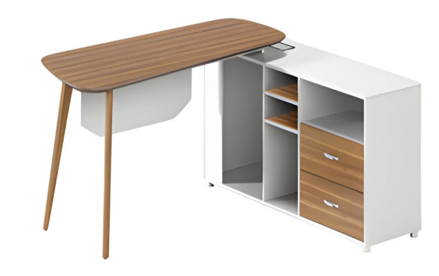 Schreibtisch aus Holz und Weiß mit Stauraum moderne Verarbeitung schlanke Beine