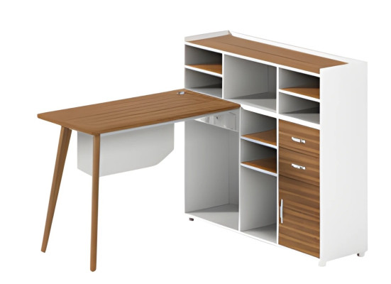 Schreibtisch aus Holz und Weiß mit Stauraum offenen Fächern und eleganten Beinen