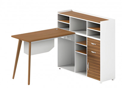 Stůl z dřeva s bílým úložným prostorem, otevřenými přihrádkami a elegantními nohami