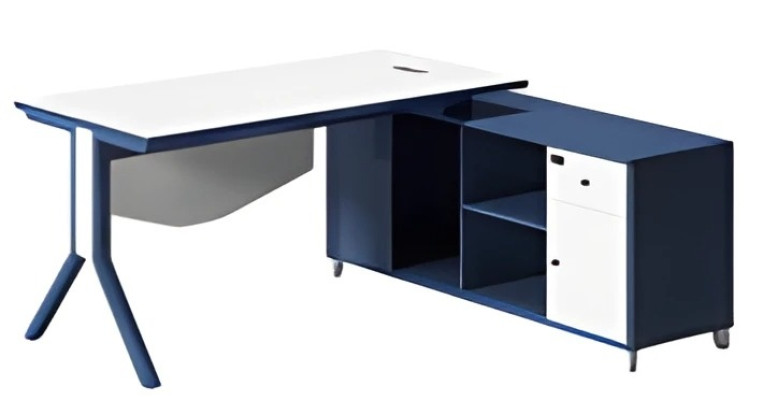 Stilvoller Schreibtisch mit weißer Arbeitsfläche blauer integriertem Stauraum