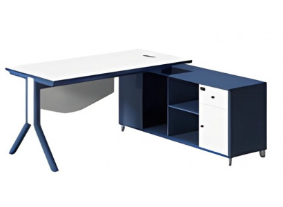 Elegantní stůl s bílou pracovní plochou a modrým úložným prostorem