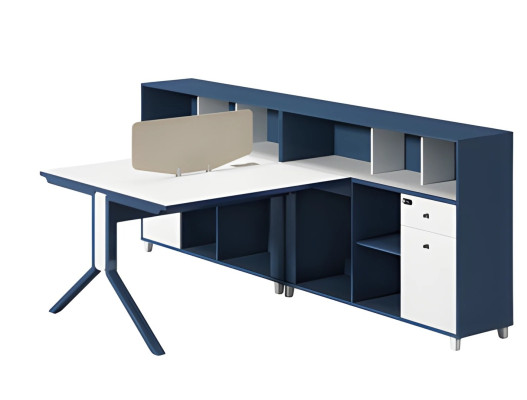Moderne Schreibtischkombination in Blau und Weiß mit Trennwand und Stauraum