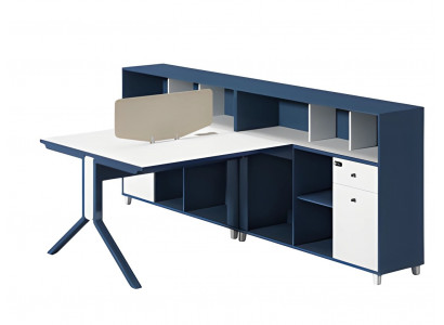 Moderní kancelářská souprava v modré a bílé s příčkou a úložným prostorem
