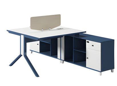 Schreibtisch in Blau und Weiß mit Trennwand Stauraum und modernen Metallbeinen