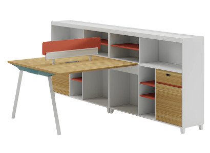 Moderner Bürotisch mit Stauraum und orangefarbenem Akzent Regal und Schreibtisch