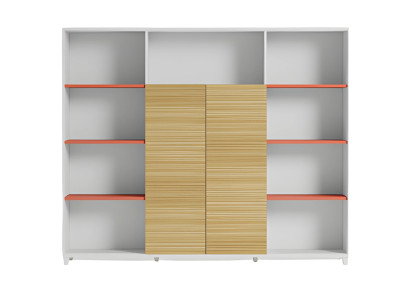 Büroschrank mit Holzregalen und orangefarbenen Akzenten stilvolle Aufbewahrung