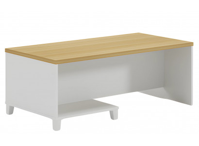 Moderní konferenční stolek s bílým korpusem a dřevěnou deskou do elegantního obývacího pokoje