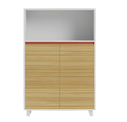 Moderner Büroschrank mit Holzregalen und rotem Akzent für elegantes Design