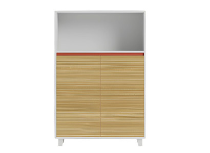 Moderner Büroschrank mit Holzregalen und rotem Akzent für elegantes Design