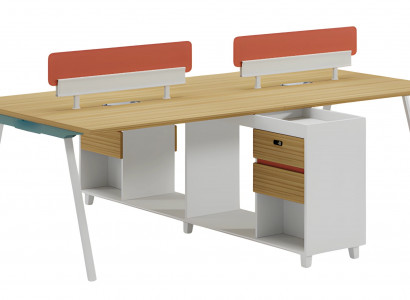 Dřevěný stůl s opěradlem, úložným prostorem a policemi, moderní design