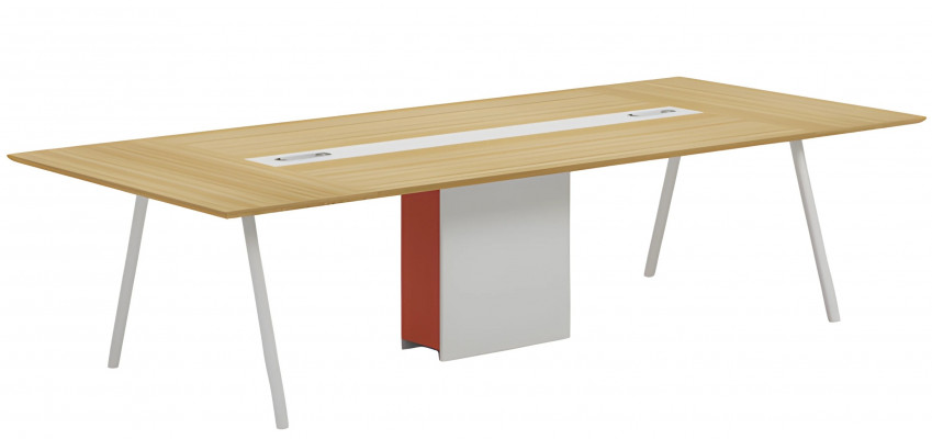 Moderní konferenční stůl s efektem přírodního dřeva bílý oranžový s kanálem na kabely