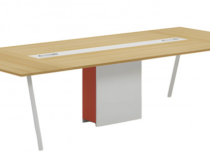 Moderní konferenční stůl s efektem přírodního dřeva bílý oranžový s kanálem na kabely