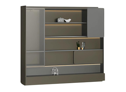 Büroschrank Regalwand Modern Schwarz Grau LED Beleuchtung Stauraum Organizer