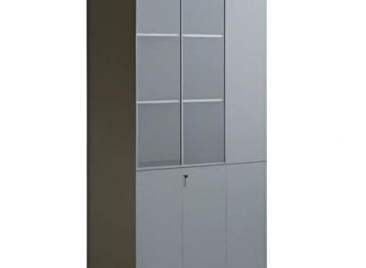 Moderní šedá kancelářská skříň se skleněnými dveřmi, uzamykatelná, vysoký úložný prostor