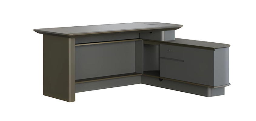 Schreibtisch Chefzimmer Modern Grau Schwarz Winkel Stauraum Kabelkanäle Elegant