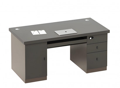 Černý šedý stůl s úložným prostorem a zásuvkami, kanály na kabely, zámek