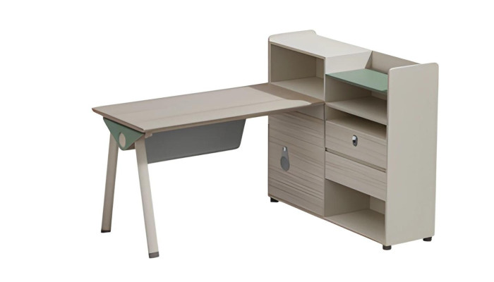Schreibtisch Bürotisch Modern Beige Grau Stauraum Regal Schubladen Schloss Glas