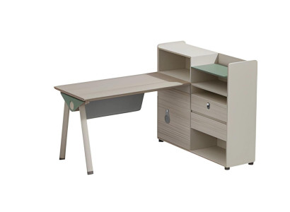 Schreibtisch Bürotisch Modern Beige Grau Stauraum Regal Schubladen Schloss Glas