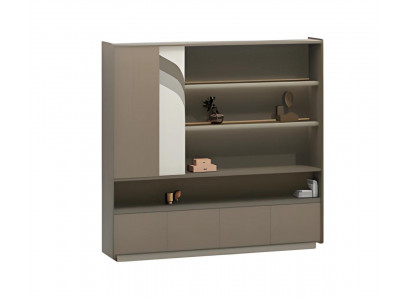 Moderní hnědá kancelářská skříň s policemi a zásuvkami na ukládání v kanceláři