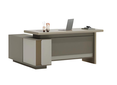 Moderner Schreibtisch Beige und Grau mit Schubladen und LED Beleuchtung für Büro
