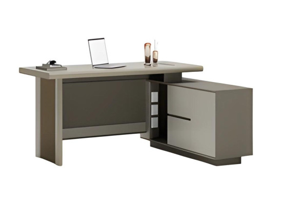 Schreibtisch Grau und Beige mit Schubladen und Ablagefächern Büroorganisation