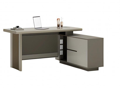 Šedý a béžový stůl s šuplíky a přihrádkami pro organizaci kanceláře