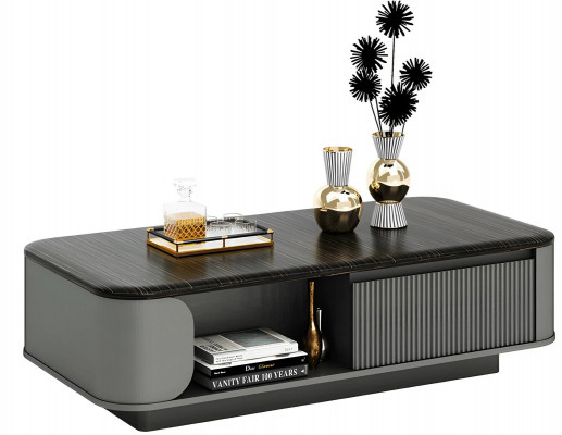 Moderní kávový stůl s elegantním designem a černou deskou a otevřenými policemi