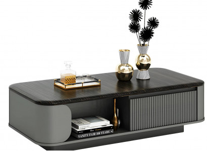 Moderní kávový stůl s elegantním designem a černou deskou a otevřenými policemi