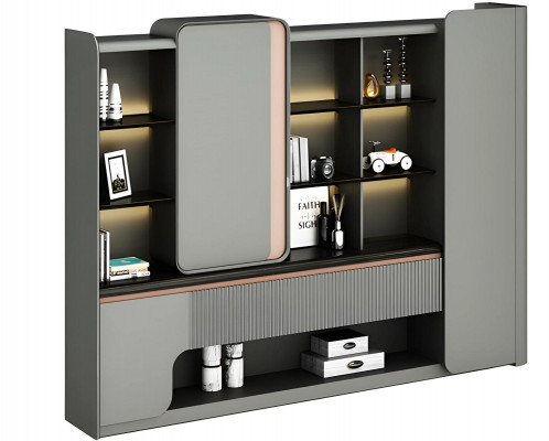 Moderní kancelářská skříň s otevřenými policemi osvětlení elegance jednoduchý design šedá