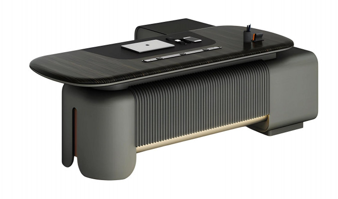 Moderní kancelářský stůl s elegantním designem a černou deskou a osvětlením