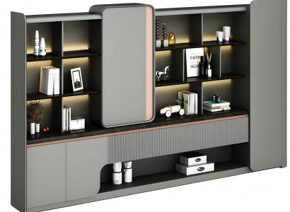 Moderní kancelářská skříň s otevřenými policemi, LED osvětlením, jednoduchou elegancí, šedý design