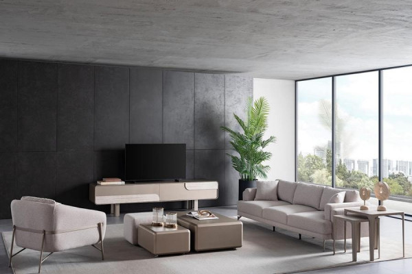 Sada nábytku do obývacího pokoje s moderním a stylovým béžovým potahem