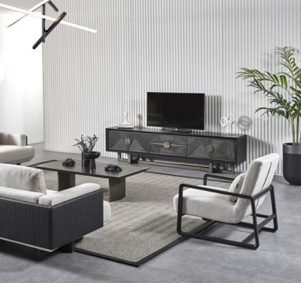 Sada moderního nábytku do obývacího pokoje z hnědé tkaniny s křeslem