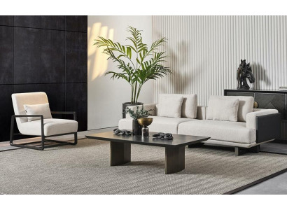 Elegantní obývací souprava z hnědého dřeva se 3-místnou pohovkou a křeslem