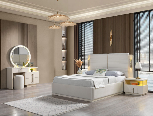 Čalouněná postel do ložnice se 2 moderními elegantními nočními stolky, sada 5 kusů