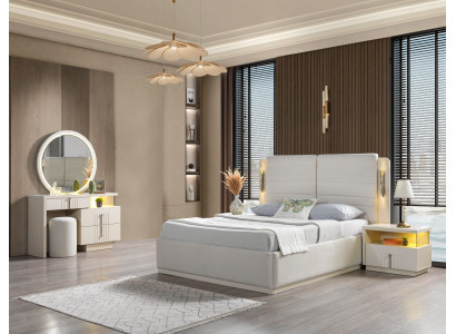 Čalouněná postel do ložnice se 2 moderními elegantními nočními stolky, sada 5 kusů