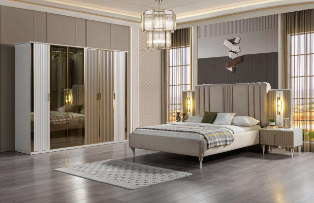 Sada do ložnice s postelí, 2 nočními stolky a moderní skříní, 4 kusy