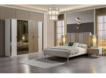 Sada do ložnice s postelí, 2 nočními stolky a moderní skříní, 4 kusy