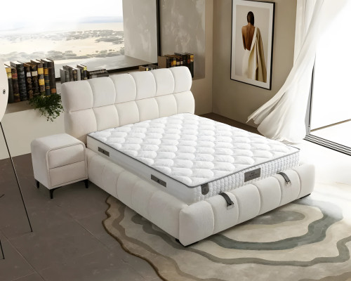 Elegantes Blaues Bett mit Matratze aus Textil und Holz
