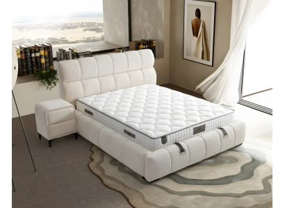 Elegantes Blaues Bett mit Matratze aus Textil und Holz