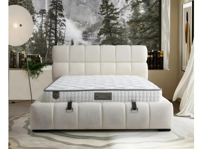 Elegantní modrá postel s matrací z textilu a dřeva